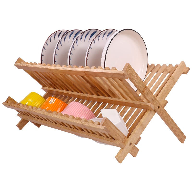SZUAH Collapsible Bamboo Dish Drying Rack - 2 Tier Space Saving Kitchen Counter Organizer, Holds 19 Plates, Bowls & Utensils (17.8"x10.23"x9.25") - Image 1
